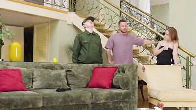 Flexible Russian babe Honor Guard gets her small tits and tight ass pounded while her cuckold partner watches in HD