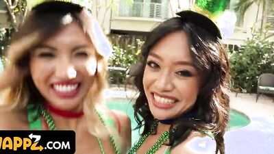 Clara Trinity, Jade Kimiko & Ryan Mclane get caught flashing their tits on Saint Patty's Day & get their stepdads to fuck them