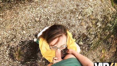 Sexy 18-year-old gets her natural tits and busty curves pounded in the forest