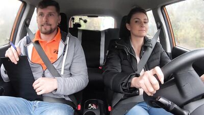 Tiny Tina and Kristof Cale get their shaved pussies drilled in fake driving school