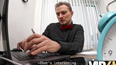 18-year-old Brunette gets her natural tits and tight pussy drilled in the office to secure a loan