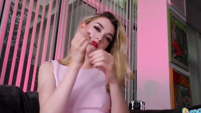 Anny Aurora teases and strokes big dick while showing off her small tits and giving a handjob