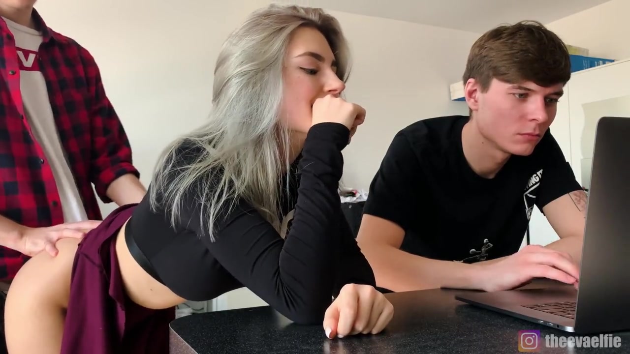 Eva elfie while boyfriend on laptop