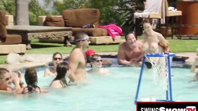 Hot swinger brunettes are having softcore sex in a messy and naughty orgy.