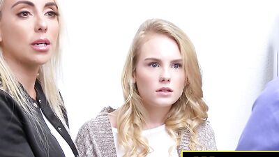 Lucky officer is getting a blowjob from two slutty blonde babes in his office.