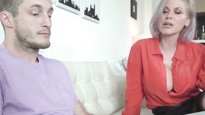 Blonde mommy with massive tits is blowing and fucking a hot young stallion