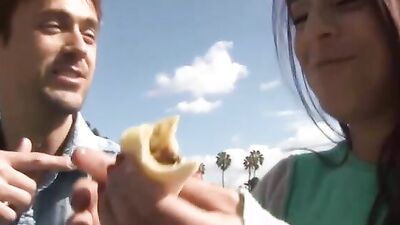 Gorgeous brunette won't stop sucking his johnson until he explodes with cum