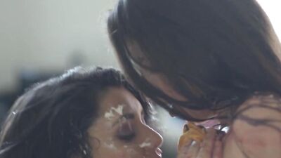 Two teen girls are including food in their lesbian sex games