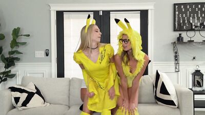 Two teen girls are dressed in a Pokemon suit while having a threesome