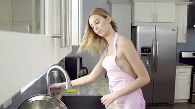 POV sweet blonde is down on her knees while giving a sensual blowjob