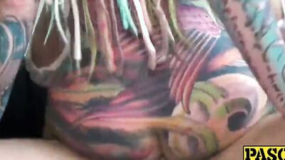Tattooed slut needs extra stimulation on her clit during sex from her favorite vibrator