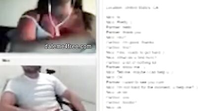 Amateur ebony cougar is teasing a white bloke with her boobs while he's masturbating