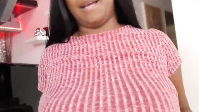 Ebony woman with monster-sized boobs is sucking and fucking a white cock