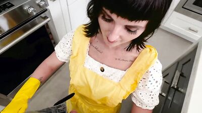The housecleaning lady is filmed POV style while performing oral duties