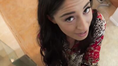 Beautiful teen babe is being filmed by her stepbro POV style while sucking him off