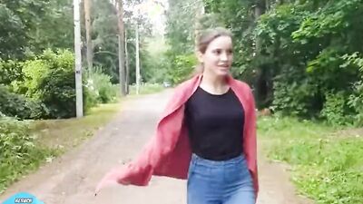 POV outdoor blowjob and sex with a cute teen darling
