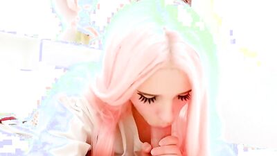 Pink-haired amateur teen is treating her boyfriend with a sloppy cock sucking POV style