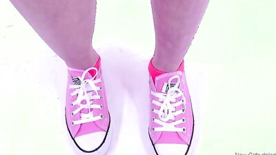 Sweet petite teen in sneakers is going down on her knees for a BJ