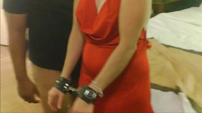 Blonde cougar in a red dress is a big fan of submission and hardcore sex