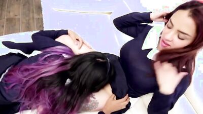 POV two Latina schoolgirls are doing teamwork on the single huge shaft