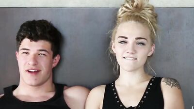 Petite blonde girl is treating the college dude's dick with blowing before sex