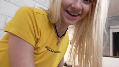 POV teen blonde gives a wonderful cock sucking treatment before sitting on the massive erection
