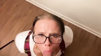 POV schoolgirl with pigtails is sucking off and choking on a thick johnson