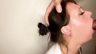 POV schoolgirl with pigtails is sucking off and choking on a thick johnson